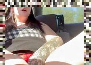 masturbation, public, chatte-pussy, voiture, culotte, coquine, parfait, attrapée, solo, rasé