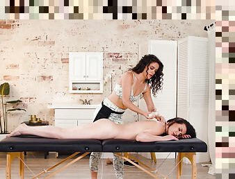 Back massage turns into lesbian sex - Casey Calvert and Victoria Voxxx