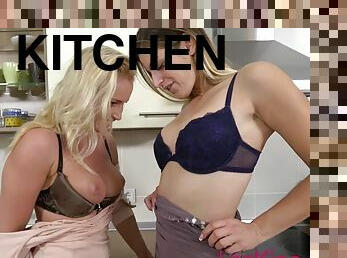 LezKiss Sexy blondes kiss and have sex in the kitchen