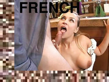 Blown by the French maid in his kitchen