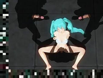 3D HENTAI Guys jerk off to Miku while she gets fucked