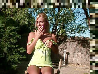 Spectacular Blonde with Big Firm Tits Masturbates Outdoors