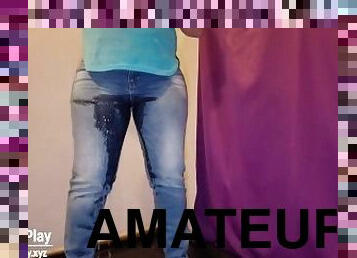 cul, pisser, amateur, belle-femme-ronde, culotte, fétiche, jeans, humide