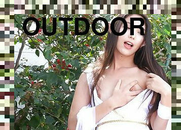 Watch seductive Melody undressing and masturbating outdoors