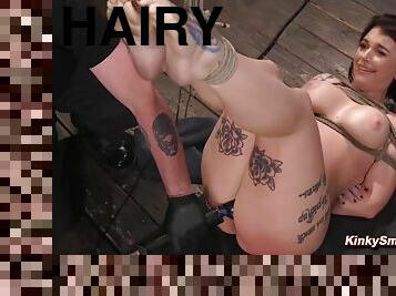 Curvy Tattooed Slave In Bondage Fucked With Dick On A Stick