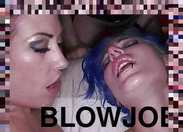 Whore gives warm blowjobs during blowbang