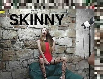 Skinny blonde wears just stockings