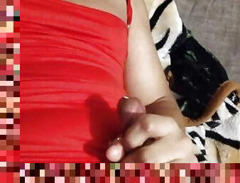 Jerking off in my red dress Using my feminine voice