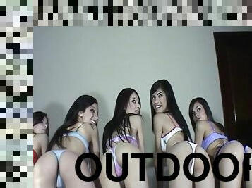 A bevy of girls exposing their hot asses outdoors