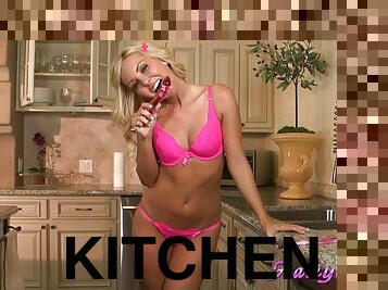 Hot blonde babe on the kitchen counter dildo fucking pussy