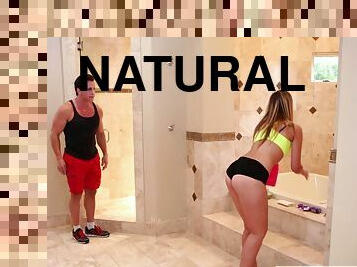He takes her to the floor in the bathroom and fucks her