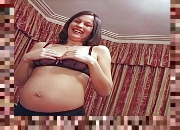 Pregnant giggly British teen gags on cum