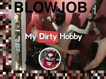 MyDirtyHobby - RedCatUgly & Her Friends Give A Guy His First Blowjob On An X Cross In Latex Dresses