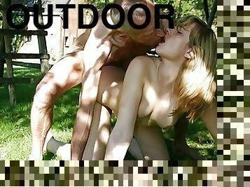 Cockaholic Blonde Teen Gets Fucked Doggy Style By an Old Fart Outdoors