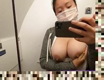 I got SO horny on the plane! I had to play with my swollen Asian tits