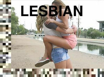 Two Hot Lesbians in Shorts Make Out While in Public