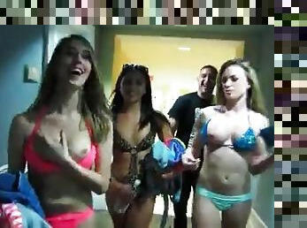 Bikini babes leave the party and flash their tits