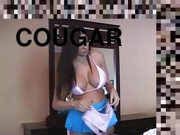Mini-skirt clad cougar with huge tits enjoying a hardcore cowgirl style fuck