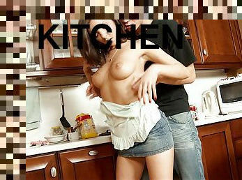 Anal on a kitchen counter with a perfect brunette girl