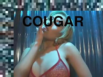 Lingerie-clad cougar with huge tits licking and sucking a stranger's big cock