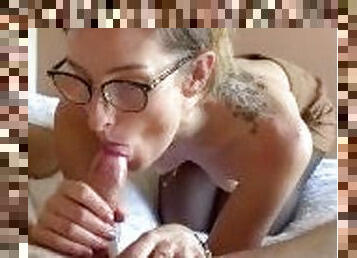 glasses blowjob nylon footjob and cum on black pantyhose