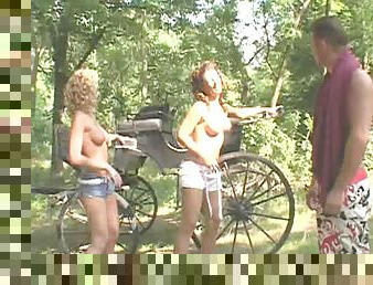 Bouncy dude takes his wives for a nature walk where a fascinating FFM was born