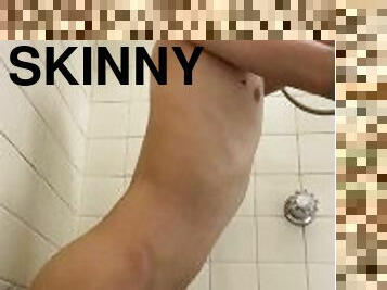 Sissy femboy twink masturbating in the shower with dildo