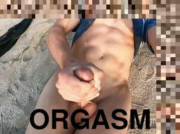 Horny Young Stud Jerking Piss and Cum On The Beach / Loud Moaning Orgasm