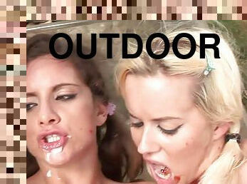 Babes take cum in mouth after getting screwed hardcore in an outdoors scene