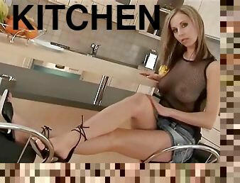 Masturbation scene in the kitchen along a sweet blonde