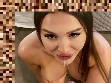 Busty brunette teen gets facial after blowjob. Found her on hookmet.com.
