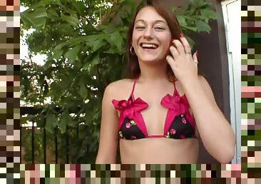 Teenage brunette with hot ass and small tits giving fantastic blowjob before receiving facial cumshot outdoor