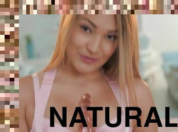 Natural Tits Latina Hawaiian Sucks on Glass Dildo And Strips to Masturbate