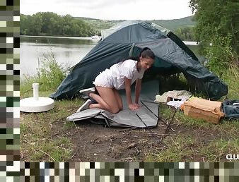 Camping MMF threesome with a brunette teen in tiny shorts