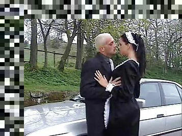 French maid fucked outdoors in the ass