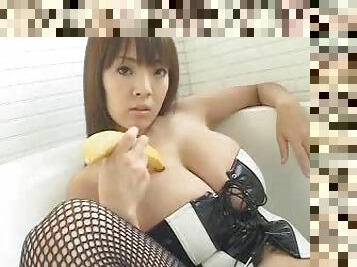 Naturally busty Japanese girl models hot lingerie