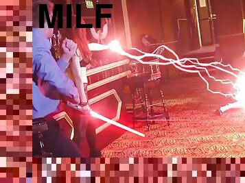 Samantha bentley wins a light saber fight over a white monster cock