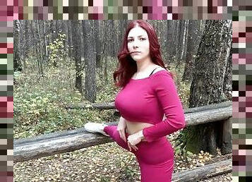 gros-nichons, levrette, public, chatte-pussy, sport, amateur, rousse, mignonne, seins, forêt