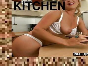 Blonde skank Sofia loves to get her vag ripped apart in the kitchen