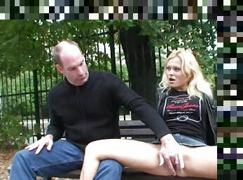 Katja is so horny she sits on his cock on a public park bench