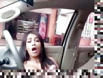 Hot latina tranny caught jerking off in car! Public cumshot.