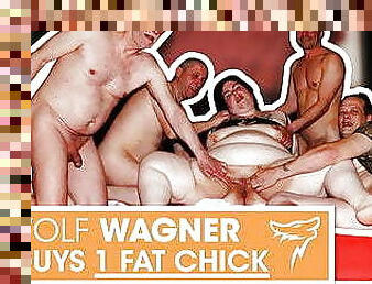 Swinger orgy! Fat slut enjoys 3 hard cocks! WolfWagner.com
