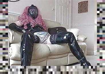 Alison clad in PVC from head to toe - big vibrator cum