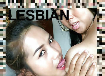 Thai lesbian MILF GFs Joon Mali and Lily Koh kissing and licking pussy