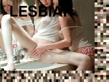 Erotic shaving of a lesbian teen pussy