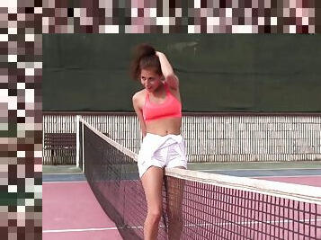 When her tennis lesson is over she gets herself off on the court