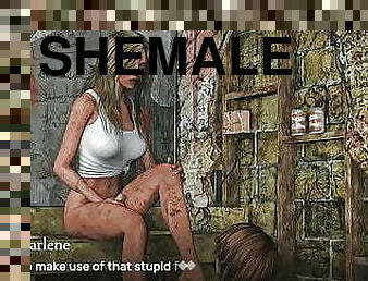 Shemale uses feet on male slave and cums (3D Game)