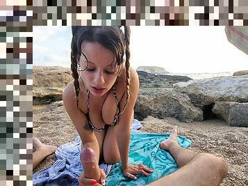 Manu Swan In Amateur Sloppy Deepthroat On The Beach With A Huge Cumshot - Big Natural Tits