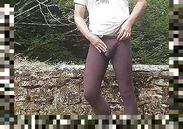 Outdoor walking pantyhose, masturbating 