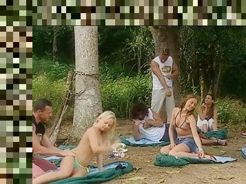 Outdoor group sex with four angelic babes